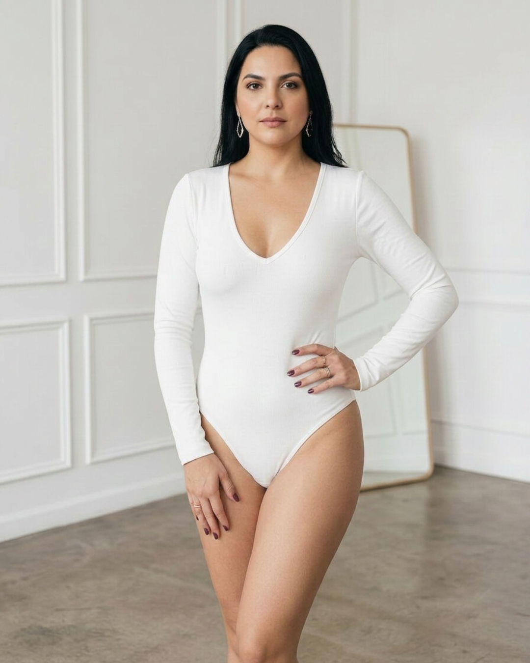 Body Mujer Escote V Manga Larga Lisa