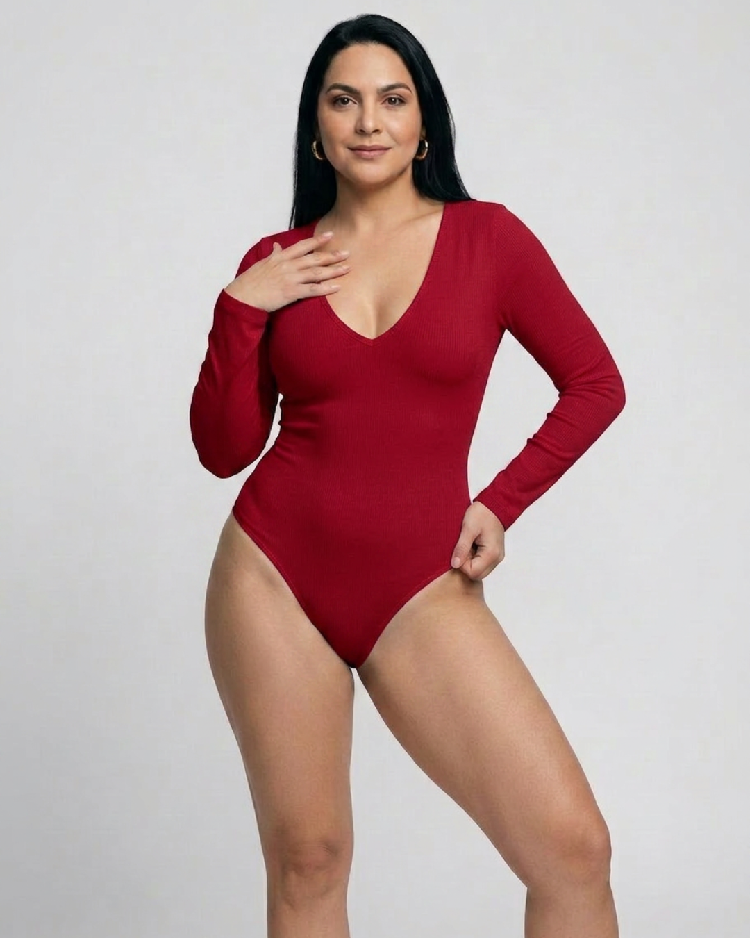 Body Mujer Escote V Manga Larga Lisa