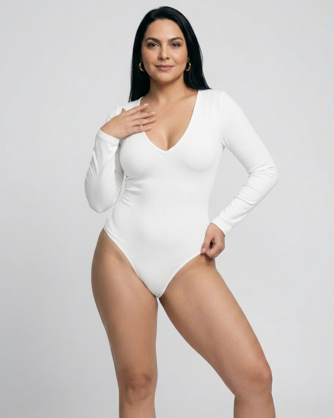 Body Mujer Escote V Manga Larga Lisa